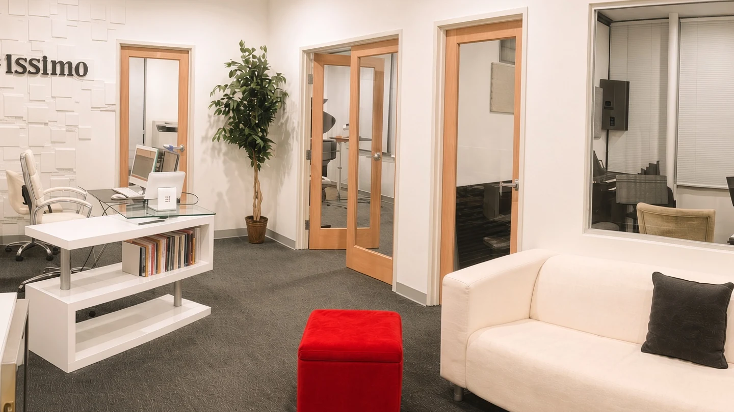 The Issimo lobby: white desk, red ottoman, cream sofa, and glass doors into the studios